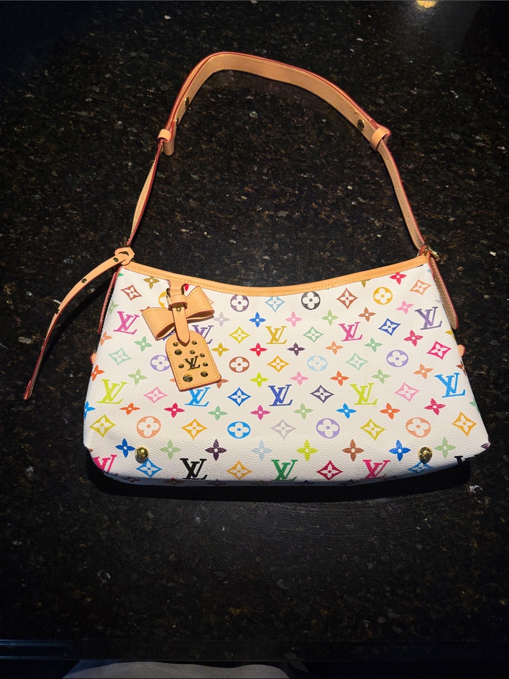 Faux LV print White Multicolor Monogram Shoulder Bag with Tan Trim